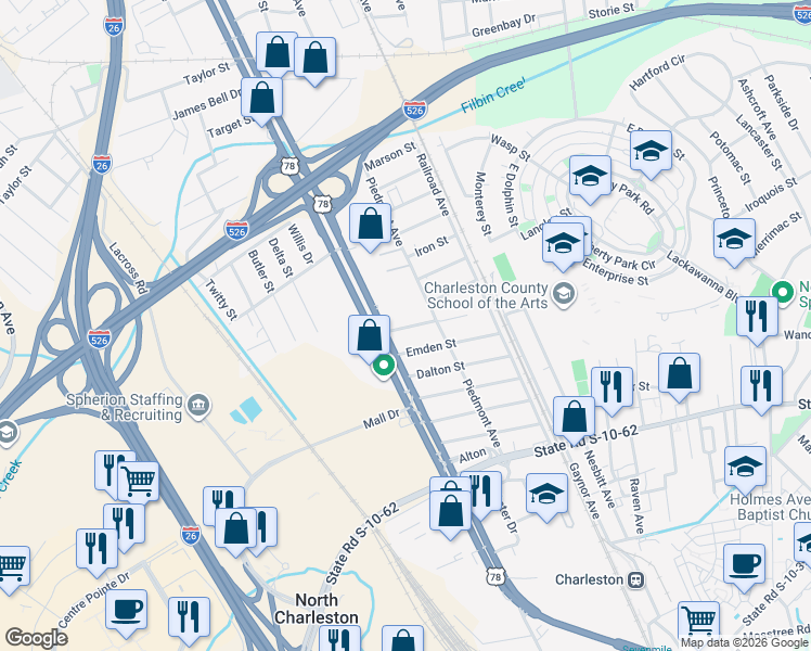 map of restaurants, bars, coffee shops, grocery stores, and more near 2012 Fuller Street in North Charleston