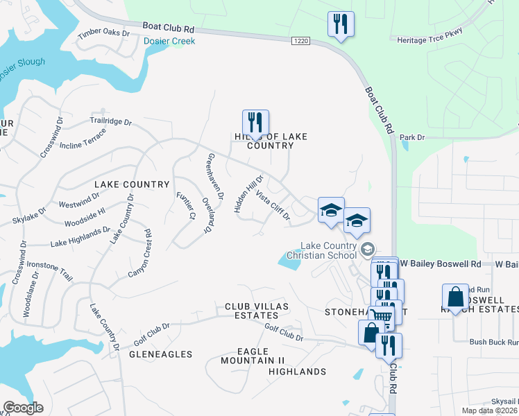 map of restaurants, bars, coffee shops, grocery stores, and more near 7310 Vista Cliff Drive in Fort Worth