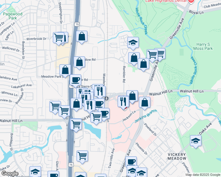 map of restaurants, bars, coffee shops, grocery stores, and more near 5515 Glen Lakes Drive in Dallas