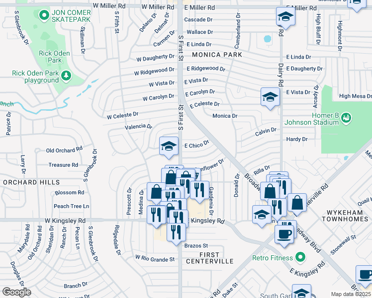 map of restaurants, bars, coffee shops, grocery stores, and more near 113 East Chico Drive in Garland