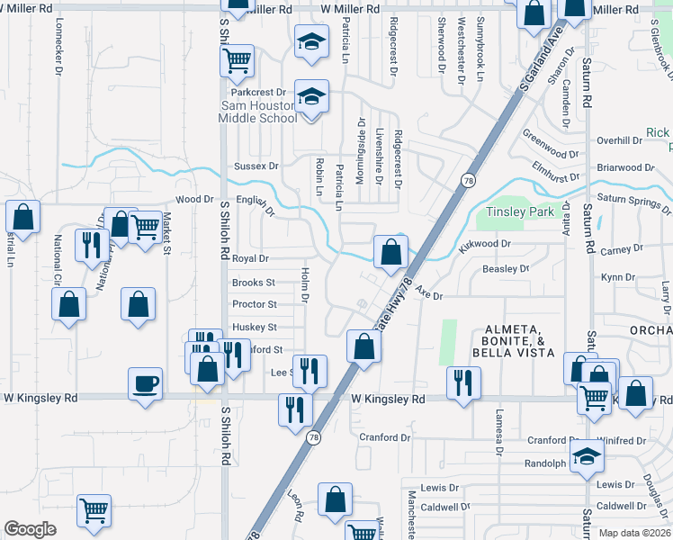 map of restaurants, bars, coffee shops, grocery stores, and more near 2640 Patricia Lane in Garland