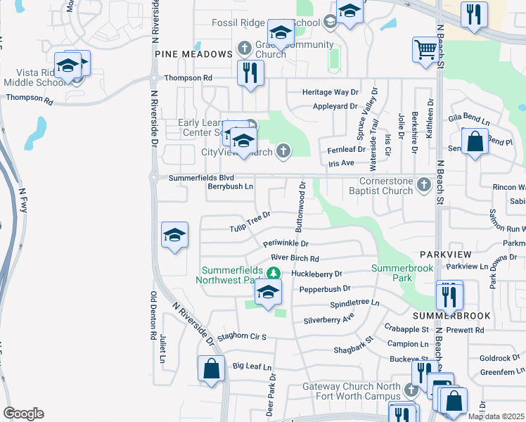map of restaurants, bars, coffee shops, grocery stores, and more near 7916 Fox Chase Drive in Fort Worth