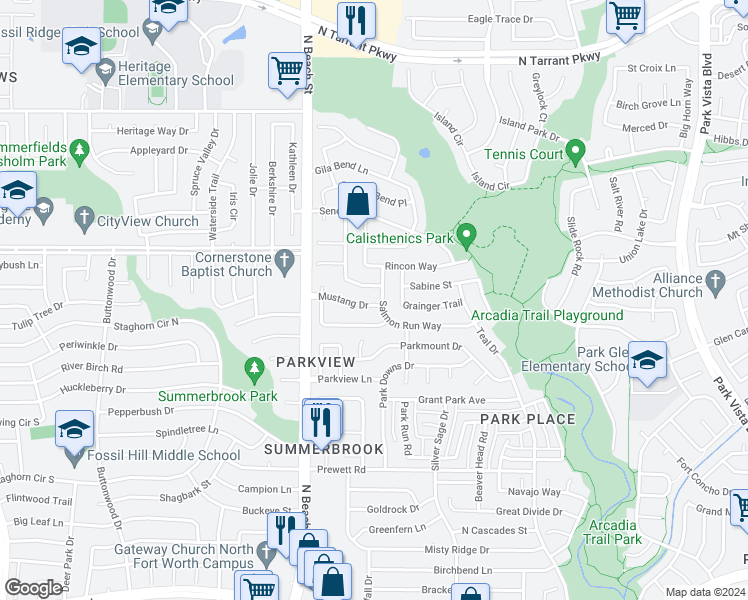 map of restaurants, bars, coffee shops, grocery stores, and more near 4625 Mustang Drive in Haltom City