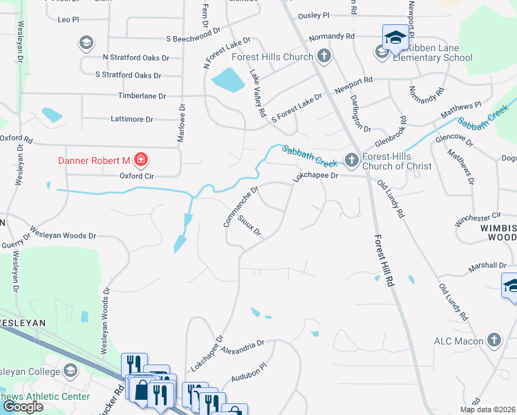 map of restaurants, bars, coffee shops, grocery stores, and more near 580 Commanche Place in Macon