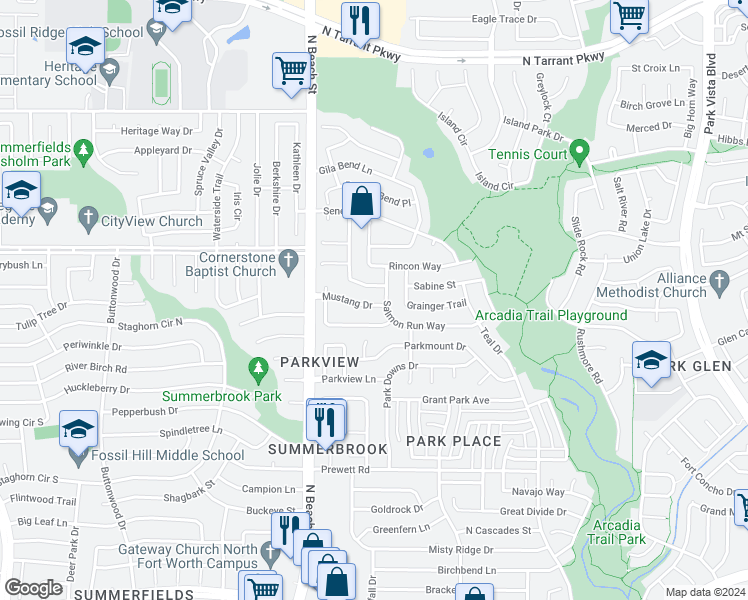map of restaurants, bars, coffee shops, grocery stores, and more near 4621 Mustang Drive in Haltom City
