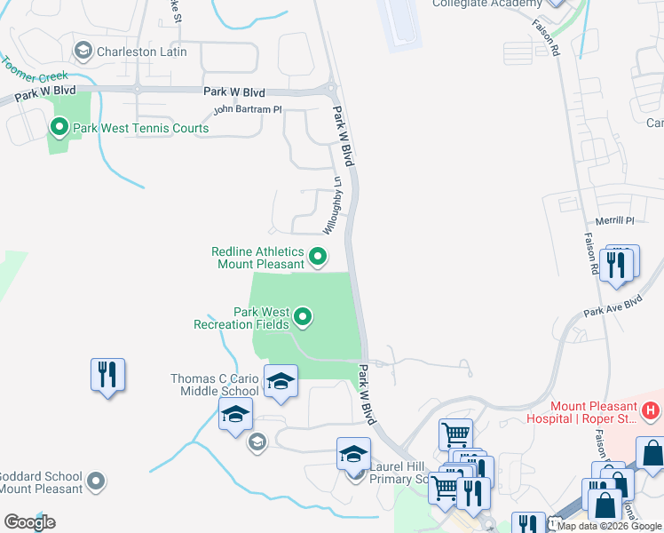 map of restaurants, bars, coffee shops, grocery stores, and more near 3300 Park West Boulevard in Mount Pleasant