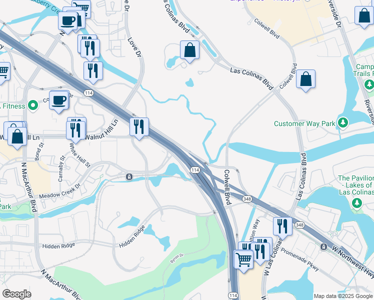 map of restaurants, bars, coffee shops, grocery stores, and more near 511 West John W Carpenter Freeway in Irving