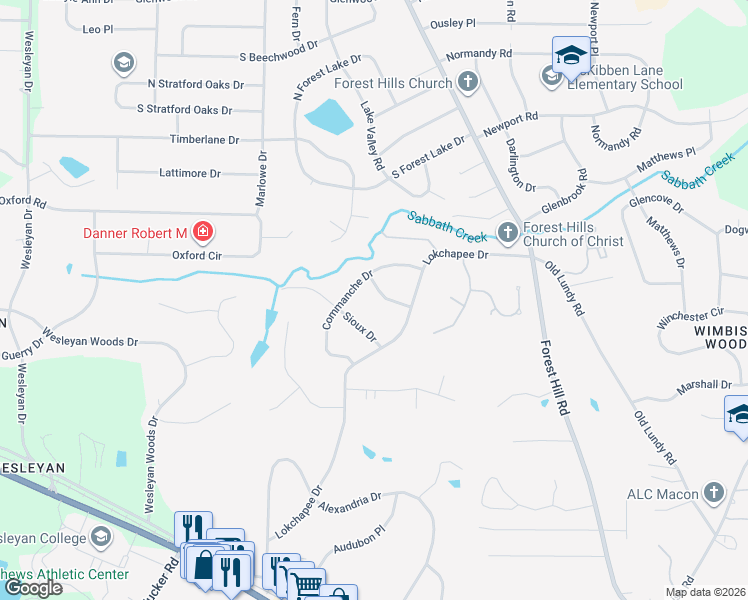 map of restaurants, bars, coffee shops, grocery stores, and more near 580 Commanche Place in Macon