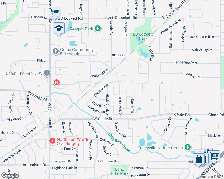 map of restaurants, bars, coffee shops, grocery stores, and more near 3440 Glade Creek Drive in Hurst