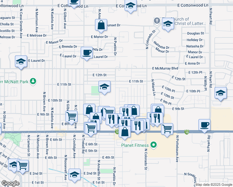 map of restaurants, bars, coffee shops, grocery stores, and more near 1213 East 11th Place in Casa Grande