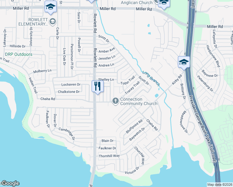 map of restaurants, bars, coffee shops, grocery stores, and more near 2406 Brownlee Boulevard in Rowlett