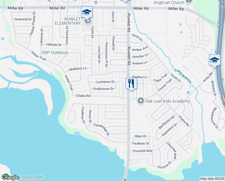 map of restaurants, bars, coffee shops, grocery stores, and more near 3301 Chalkstone Drive in Rowlett