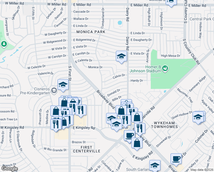 map of restaurants, bars, coffee shops, grocery stores, and more near 506 Calvin Drive in Garland