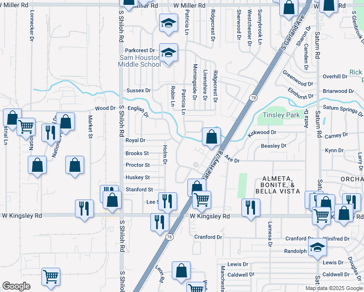 map of restaurants, bars, coffee shops, grocery stores, and more near 2640 Patricia Lane in Garland