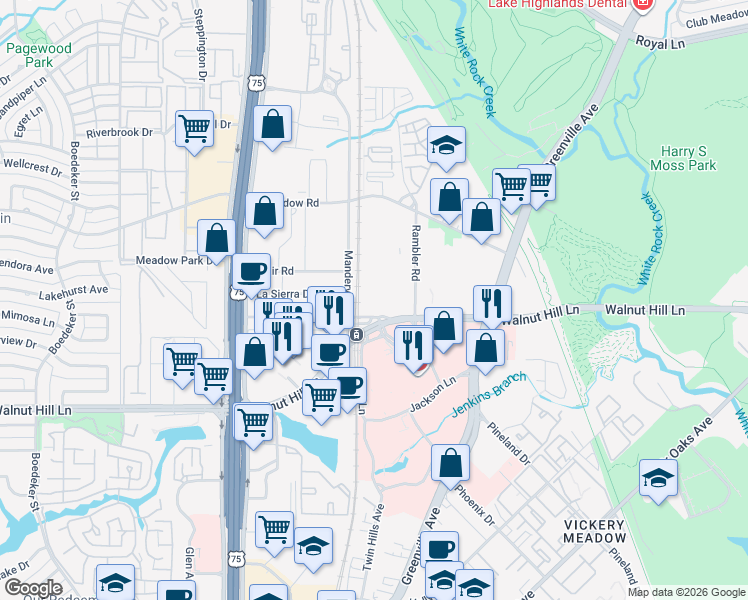 map of restaurants, bars, coffee shops, grocery stores, and more near 7537 Rambler Road in Dallas
