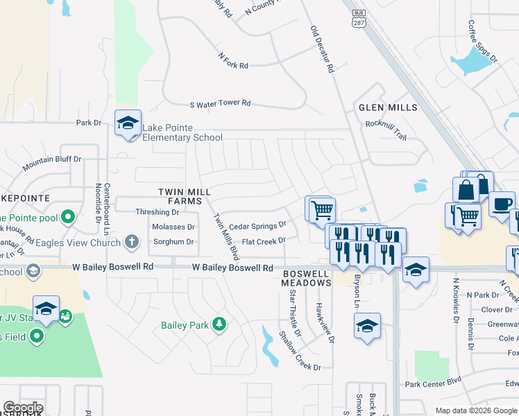 map of restaurants, bars, coffee shops, grocery stores, and more near 5000 Prairie Creek Trail in Fort Worth
