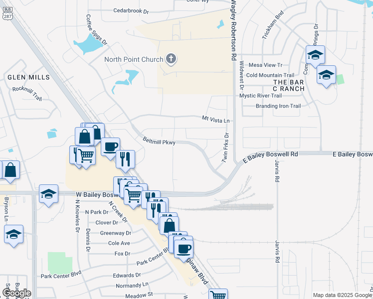 map of restaurants, bars, coffee shops, grocery stores, and more near 123-189 East Bailey Boswell Road in Saginaw