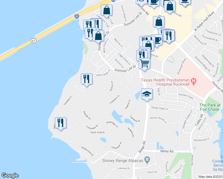 map of restaurants, bars, coffee shops, grocery stores, and more near 272 Victory Lane in Rockwall