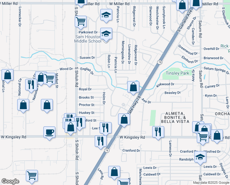 map of restaurants, bars, coffee shops, grocery stores, and more near 2640 Patricia Lane in Garland