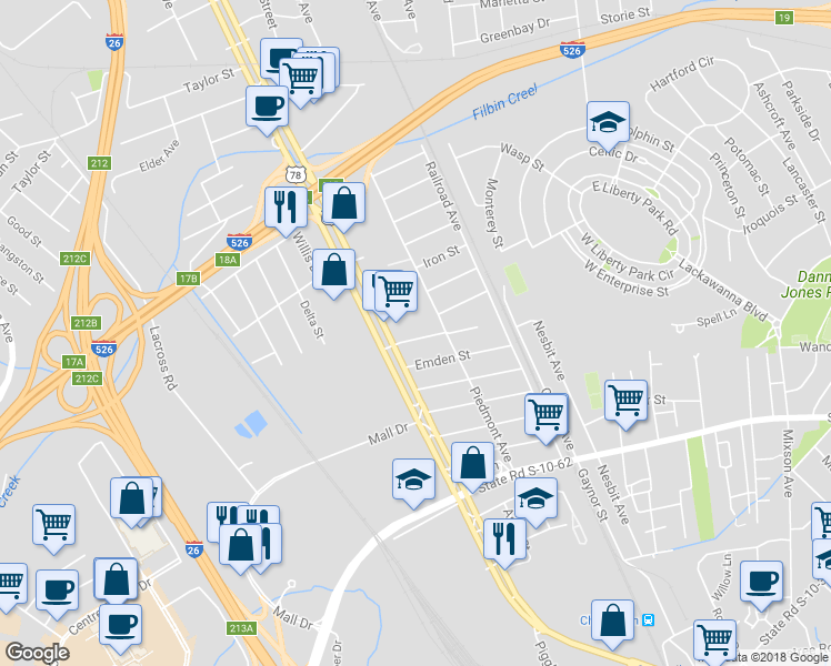 map of restaurants, bars, coffee shops, grocery stores, and more near 2010 Fuller Street in Charleston