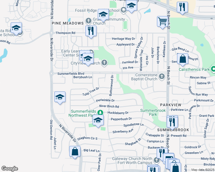 map of restaurants, bars, coffee shops, grocery stores, and more near 7900 Flowertree Court in Fort Worth