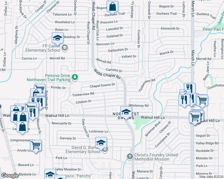 map of restaurants, bars, coffee shops, grocery stores, and more near 3256 Chapel Downs Drive in Dallas