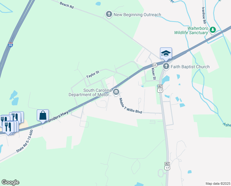 map of restaurants, bars, coffee shops, grocery stores, and more near 593 Sniders Highway in Walterboro