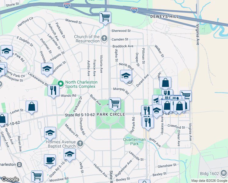 map of restaurants, bars, coffee shops, grocery stores, and more near 1178 Marquis Road in North Charleston