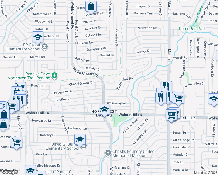 map of restaurants, bars, coffee shops, grocery stores, and more near 3404 Evening Petal Lane in Dallas
