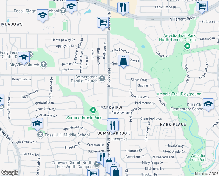 map of restaurants, bars, coffee shops, grocery stores, and more near 4025 Mustang Drive in Fort Worth