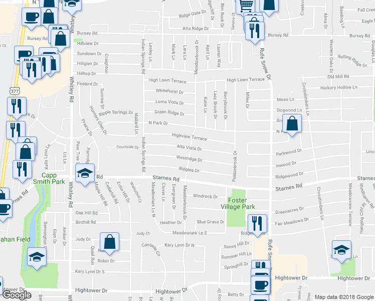 map of restaurants, bars, coffee shops, grocery stores, and more near 6464 Alta Vista Drive in Fort Worth