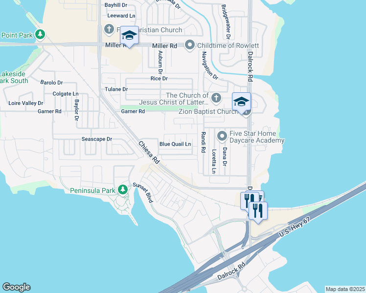 map of restaurants, bars, coffee shops, grocery stores, and more near 7918 Blue Quail Lane in Rowlett