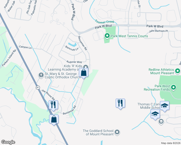 map of restaurants, bars, coffee shops, grocery stores, and more near 3105 Kilby Lane in Mount Pleasant