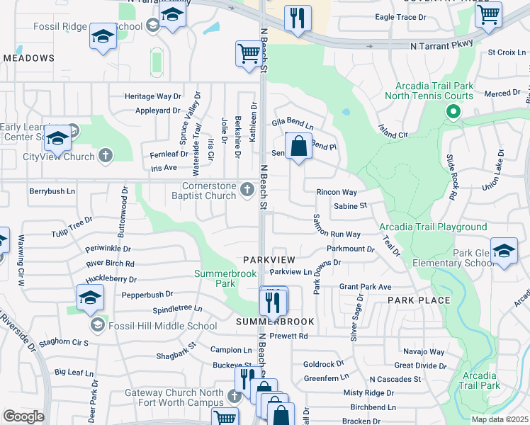 map of restaurants, bars, coffee shops, grocery stores, and more near 4025 Mustang Drive in Fort Worth