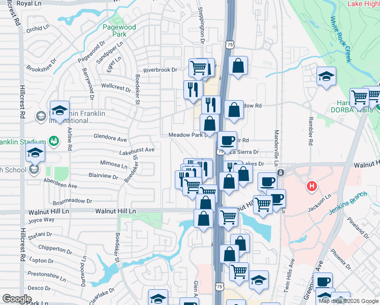 map of restaurants, bars, coffee shops, grocery stores, and more near 10031 Regal Park Lane in Dallas