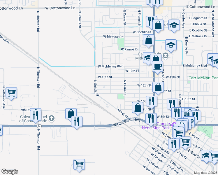 map of restaurants, bars, coffee shops, grocery stores, and more near 622 West 12th Street in Casa Grande