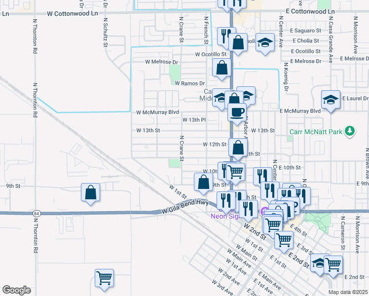map of restaurants, bars, coffee shops, grocery stores, and more near 606 West 12th Street in Casa Grande
