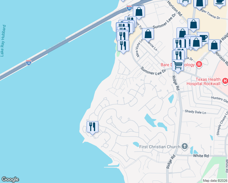map of restaurants, bars, coffee shops, grocery stores, and more near 1802 Signal Ridge Place in Rockwall