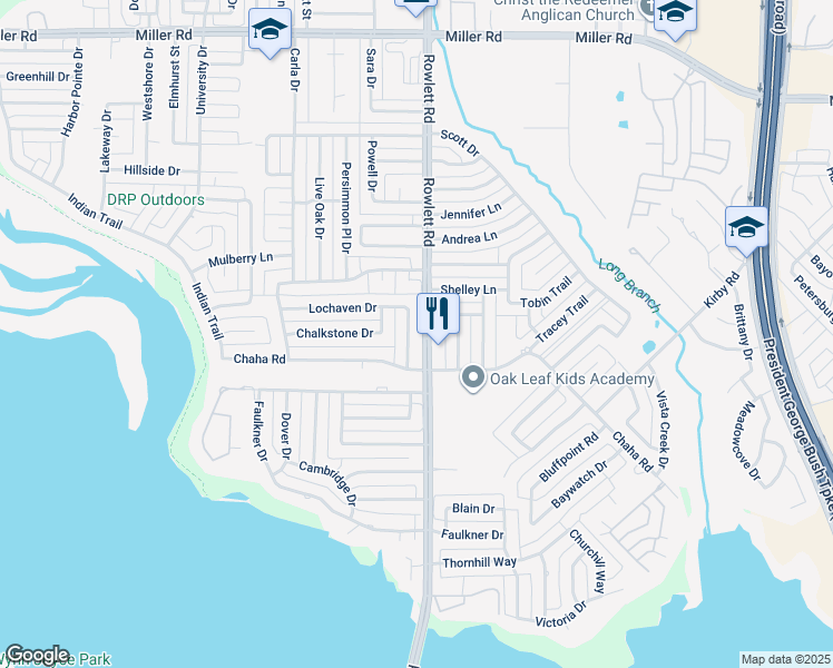 map of restaurants, bars, coffee shops, grocery stores, and more near 2602 Chapel Hill Drive in Rowlett
