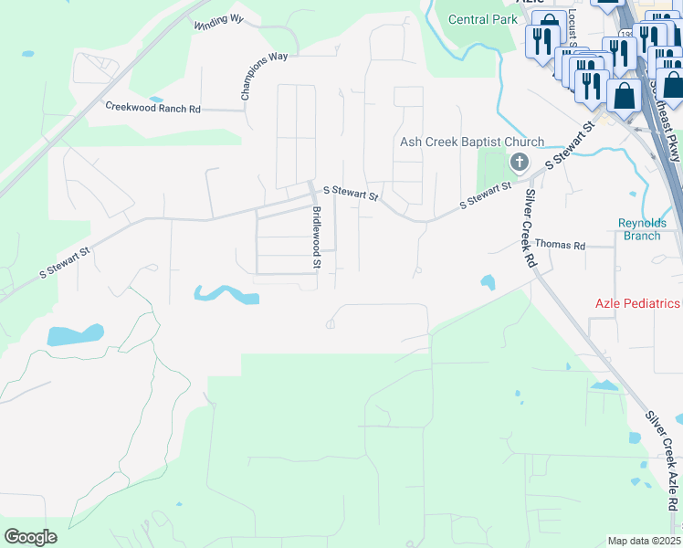 map of restaurants, bars, coffee shops, grocery stores, and more near 221 Stewart Bend Court in Azle