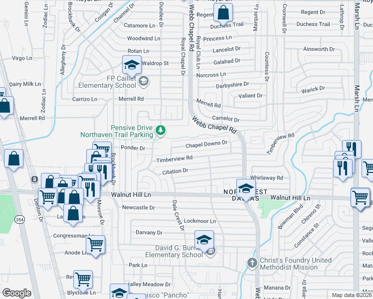 map of restaurants, bars, coffee shops, grocery stores, and more near 3115 Chapel Downs Drive in Dallas