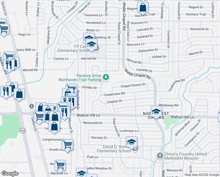 map of restaurants, bars, coffee shops, grocery stores, and more near 3121 Ponder Drive in Dallas