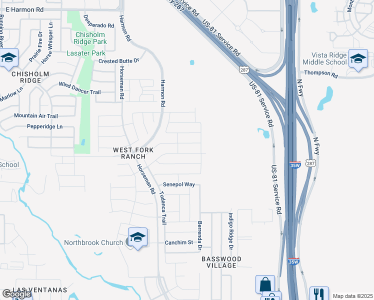 map of restaurants, bars, coffee shops, grocery stores, and more near 2420 Buelingo Lane in Fort Worth