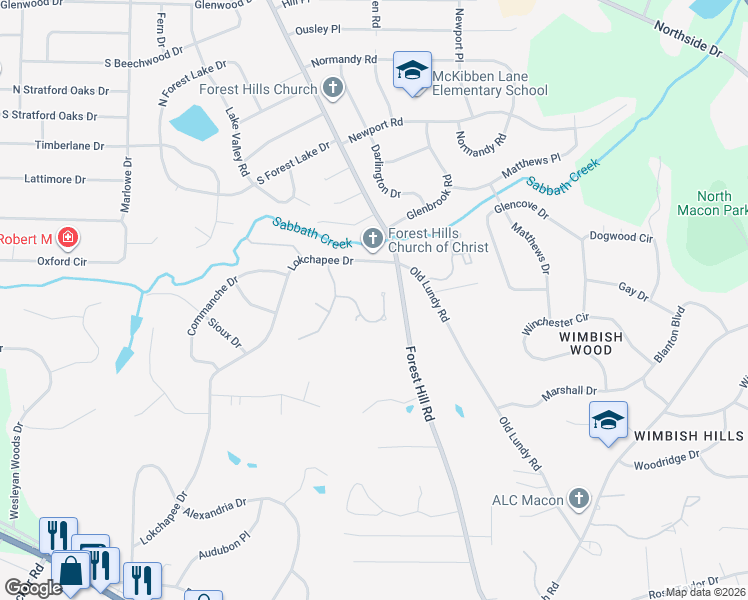 map of restaurants, bars, coffee shops, grocery stores, and more near 638 Lokchapee Ridge in Macon