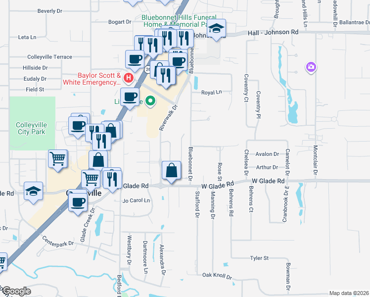 map of restaurants, bars, coffee shops, grocery stores, and more near 5121 Preservation Avenue in Colleyville