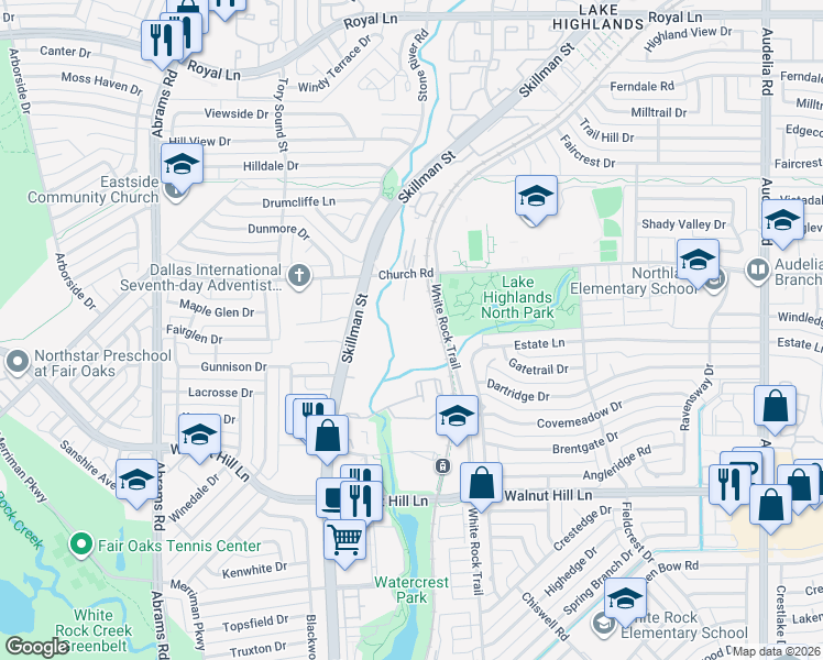 map of restaurants, bars, coffee shops, grocery stores, and more near 9236 Church Road in Dallas