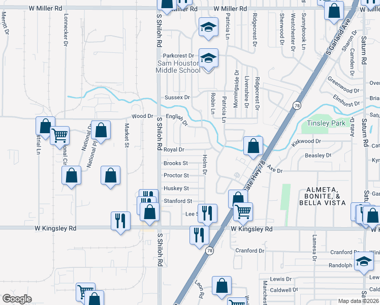 map of restaurants, bars, coffee shops, grocery stores, and more near 2325 Royal Drive in Garland