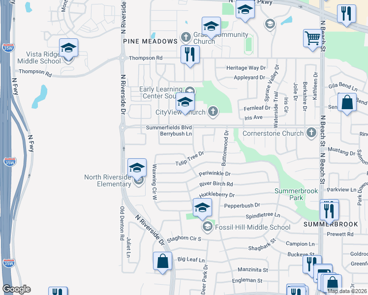 map of restaurants, bars, coffee shops, grocery stores, and more near 3913 Cannonwood Drive in Fort Worth