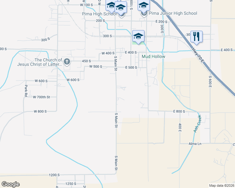 map of restaurants, bars, coffee shops, grocery stores, and more near South Main Street in Pima