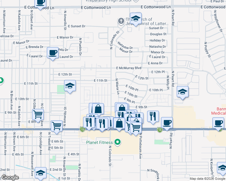 map of restaurants, bars, coffee shops, grocery stores, and more near 1052 North Colorado Street in Casa Grande